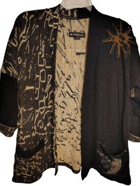 Chris Triola Small Cardigan Sweater Beaded Sequined Sun, Star, 100% Cotton Artsy